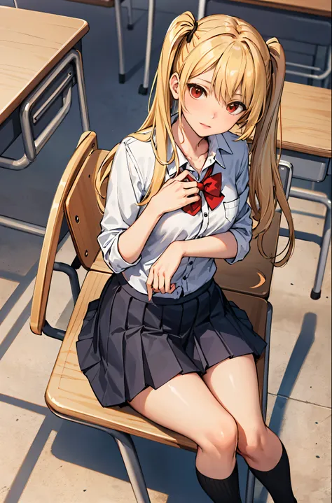 (masterpiece:1.2, highest quality), 1 female, alone, school uniform, classroom, Day, sit, blonde, twin tails, red eyes, open collaboration bone, black skin, (open chest:1.1),Angle from above:1.15