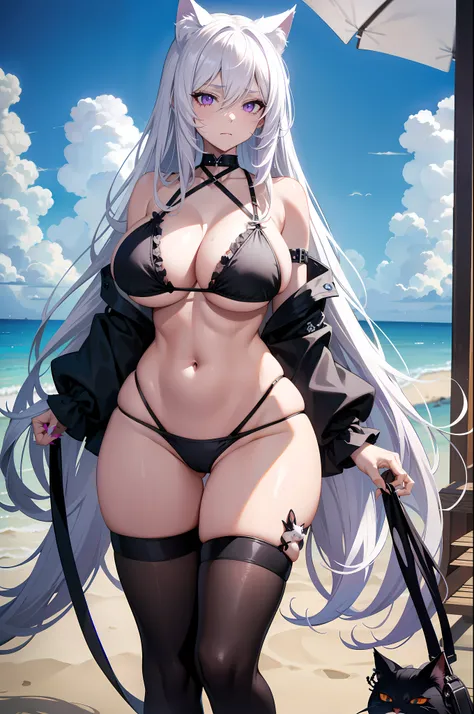 sexy중년여성, long white hair, cat ears, purple eyes, Lots of scars, nippers, fury, masterpiece, high quality , big bust , wide hips, sexy , black bikini , (Beach)