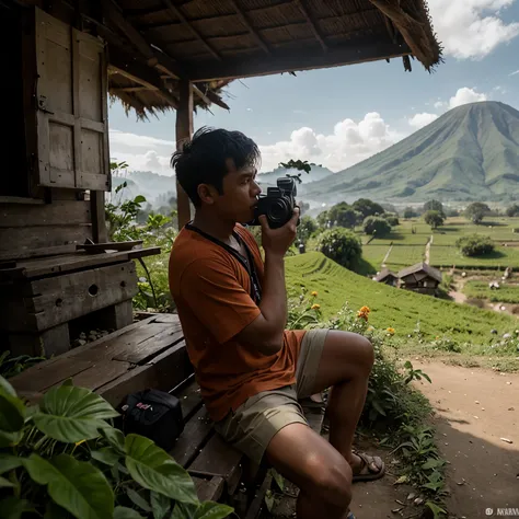 Satu orang cowok indonesia sedang memegang camera canon di kebun teh dengan pemandangan tampak gunung dari kejauhan