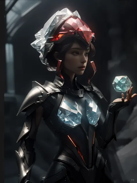 world style,Armor girl,Crystal material(3D rendered armor,refractive index:1.76 - 1.78,Albedo:0.03 - 0.05,ambient light:Between 20-50,color:deep red, Medium saturation,Type of light:ambient light:1.2,Light source color:Northern Lights,Light source intensit...