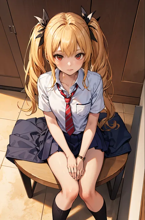 (masterpiece:1.2, highest quality), 1 female, alone, school uniform, classroom, day, sit, blonde, twin tails, red eyes, open col...