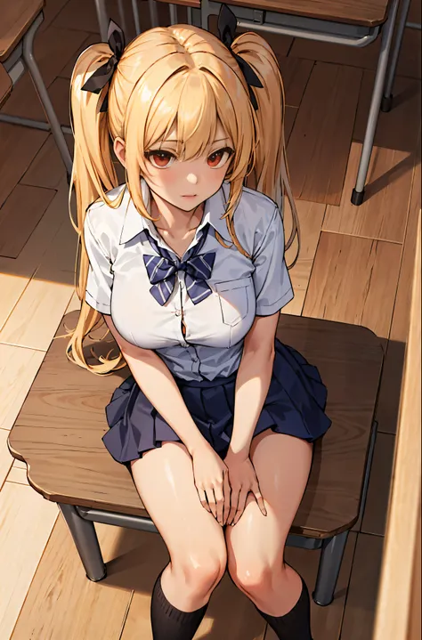 (masterpiece:1.2, highest quality), 1 female, alone, school uniform, classroom, day, sit, blonde, twin tails, red eyes, open col...