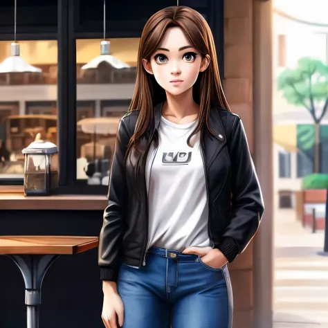 Girl, long brown hair, gray eyes, sharp features, white skin, T-shirt and jeans jacket style with pants, cafe