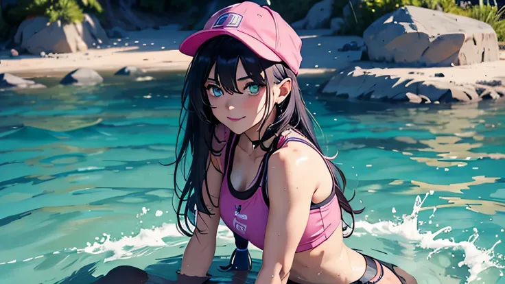  perfect litthing, ((sportrait)), 1woman, fit-muscled body, bright yellow eyes，dark blue hair , blue eyes, With round lenses, long hair, messy hair,  Wear a pink crop top, wear a pink cap ,Playing in the in sea, sitting in water , smile ,