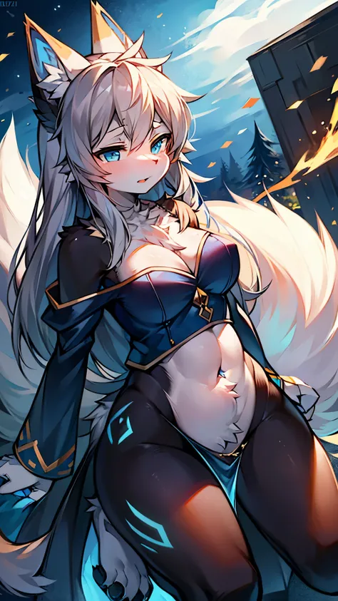 Big tail wolf gray hair female blue eyes wind magician