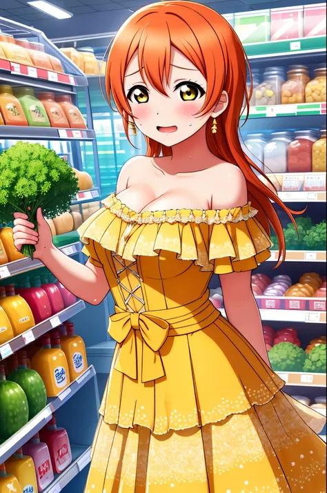 Hoshizora rin, orange hair, long hair,yellow eyes, solo,big breasts,off shoulder dress, standing,cleavage, in supermarket, blushing, sweating, looking at viewer