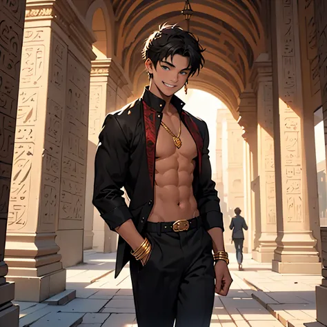 A thin 15-year-old boy walks smiling through the palaces of ancient Egypt black hair brown skin green eyes elegant black clothes with gold with a bare chest wears red gold jewelry