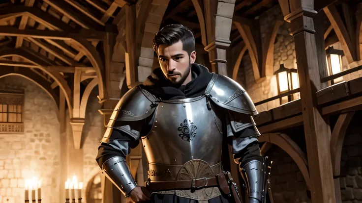 Guerreiro medieval masculino, com cara de assustado ou espantado
