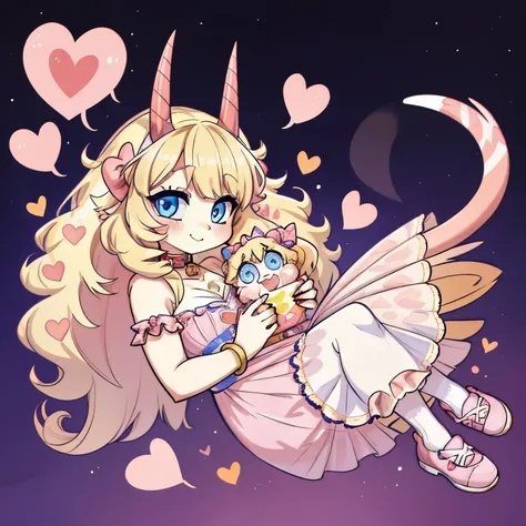 A cute and chubby female demon with pastel pink skin, curly blonde hair, and blue eyes. She has a pair of heart-shaped horns on her head, a heart-shaped tail, and heart-shaped markings on her cheeks and chest. She wears a white dress with colorful candy he...