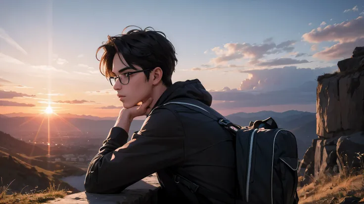 20 year old boy having spectacle , taking salfiee with sun rise behind it