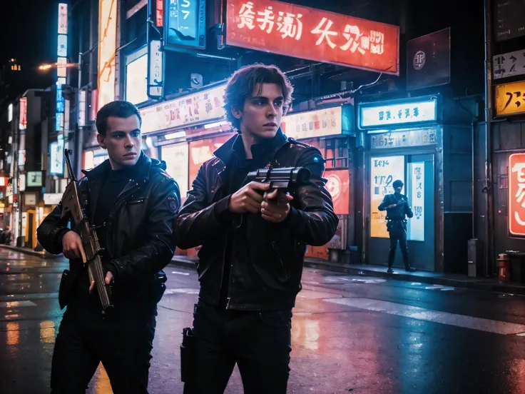 The streets of Tokyo are alive with the sound of gunfire as two young European men, their faces illuminated by the neon lights, engage in a deadly duel with their futuristic weapons.