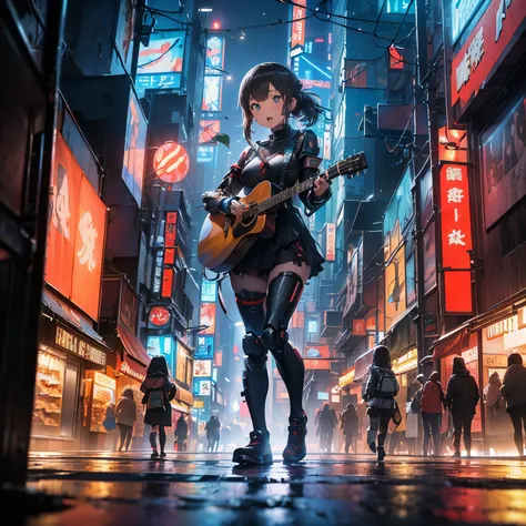 (16k, RAW photo, HDR, best quality:1.4), (High resolution, absurdres, Ultra Realism:1.3), (Ultra realistic details, fine detail, masterpiece:1.2), BREAK (In a cyberpunk future metropolis at night. A human street musician girl plays acoustic guitar and sing...