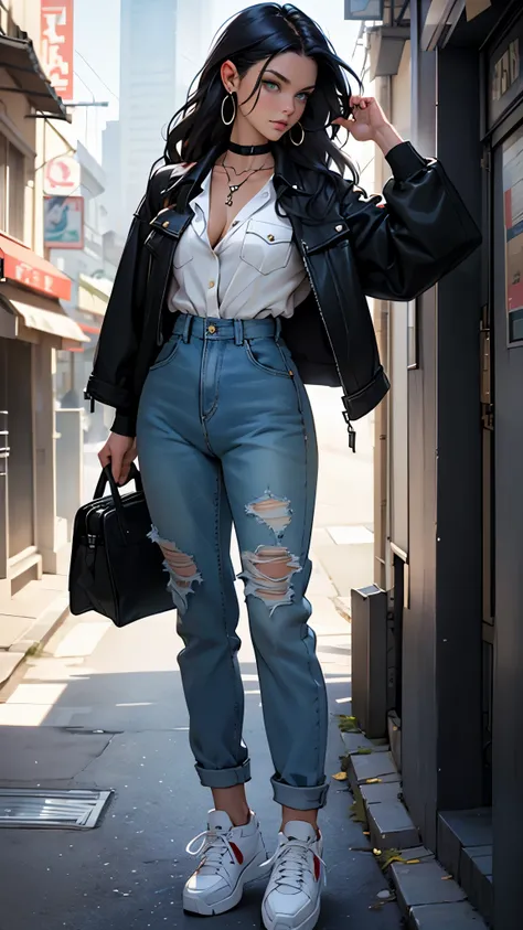 (Masterpiece, Best quality, A high resolution, ultra detailed), 1 woman, long black wavy hair, Green eyes, Beautiful, detailed eyes and face, Perfect body, earrings, ear piercing,  unbuttoned jacket,  denim jumpsuit with straps, White shirt, denim platform...