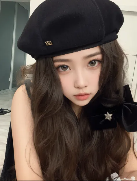 arafed girl with long hair wearing a black hat and a bow, ulzzang, belle delphine, black beret, with long hair and piercing eyes, dilraba dilmurat, sakimichan, cruel korean goth girl, 19-year-old girl, ( ( deep black eyes ) ), charming black eyes