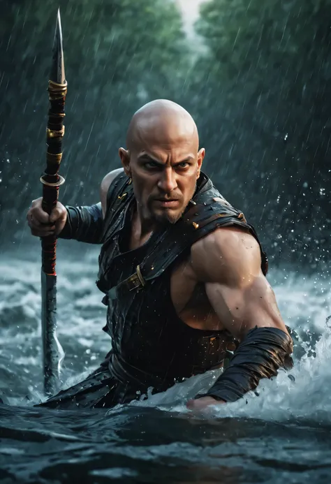 best quality，Ultra-fine，Bald warrior appears in the water ，dagger，Pursue，fighting，Dodge，avoid，lifelike，photorealism：1.37），bright colors，clear focus，Defocused，（fantasy：1.2），（mystical landscapes），（dynamic poses：1.37），（intense gaze），（Extraordinary power），（the...