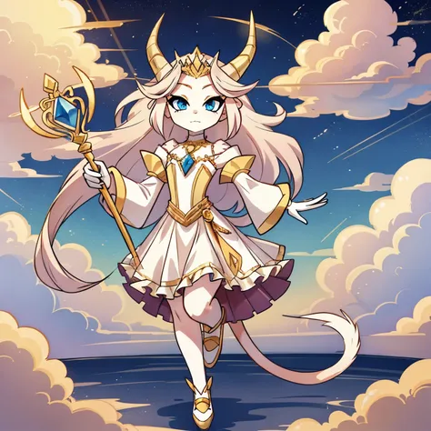 a beautiful and graceful female demon with pale pink skin, long and wavy golden hair, and blue eyes. she has a pair of cloud-sha...