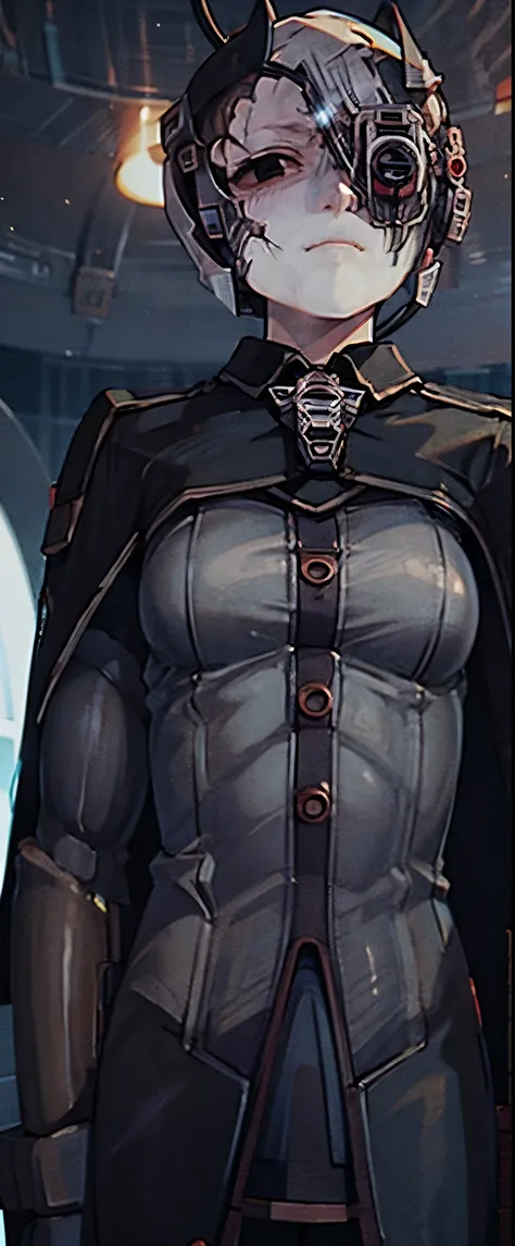 ozen, cape, jacket, black cape  borg cyborg bald gray skin veins metal armor cable eyepatch deadpan expression