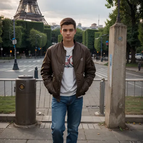 Realistic photo, a 20 year old man, standing, wearing a jacket, jeans, brown shoes, Eiffel tower background, ultra HD photography