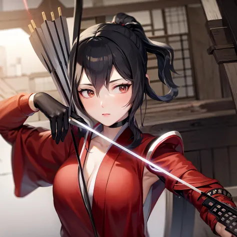 anime girl with bow and arrow in hand in a red outfit, anime girl with a bow and arrow, ayaka genshin impact, fox nobushi holding a naginata, rin, holding a sword on her shoulder, katana, katana zero video game character, katana zero, badass anime 8 k, uns...