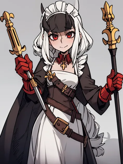 two-dimensional, ​Masterpiece, top quality, highly detailed eyes, Highly detailed face, （（a woman，front，whole body，long skirt maid outfit，white hair，drill hair），black devil horns，red cloak，Holding the staff，Mature，kindly，Sword and magic style，Different wor...