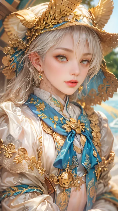 (absurdres, highres, ultra detailed, HDR), masterpiece, intricate details, best quality close-up picture of a character from Ragnarok Online, a character with handsome looks, korean face, sapphire hair, short hair, anime yellow eyes, matured teen, fantasti...