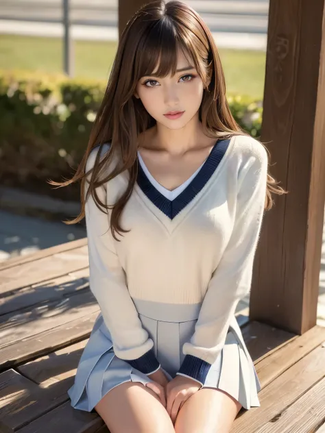 (Best Quality, 8k, 32k, Masterpiece, UHD: 1.3), Attractive Japan Woman Pictures, One Girl, Abs, Perfect Body, Ultra Detailed Face, Detailed Lips, Fine Eyes, Double Eyelids, (school uniform), V neck sweater, High socks, light brown hair, asymmetrical hair, ...