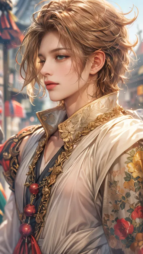 (absurdres, highres, ultra detailed, HDR), masterpiece, intricate details, best quality close-up picture of a character from Octopath Traveler, a character with handsome looks, korean face, short hair, anime eyes, matured teen, supporter outfit showing che...