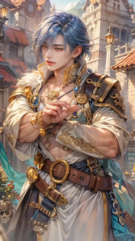 (absurdres, highres, ultra detailed, HDR), masterpiece, intricate details, best quality close-up picture of a character from Ragnarok Online, a character with handsome looks, korean face, sapphire hair, short hair, anime yellow eyes, matured teen, pirate o...