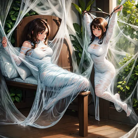 1girl,Spider weaving a net on the girl,réalism:1.2,ultra-detailed,bedroom setting,stretched pose,struggling in the net,brown haired,very long sheer skirt,oaken floor,soft sunlight,delicate spider silk,lace curtains,bedside table,decorative pillows