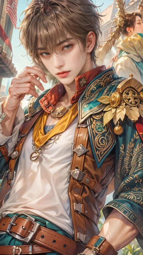 (absurdres, highres, ultra detailed, HDR), masterpiece, intricate details, best quality close-up picture of a character from Ragnarok Online, a character with handsome looks, korean face, obsidian hair, short hair, anime yellow eyes, matured teen, rogue ou...