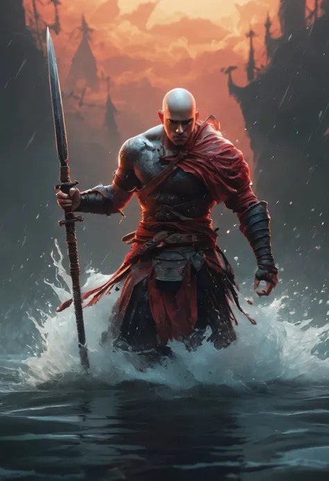 best quality，Ultra-fine，Bald warrior appears in the water ，arms，fighting，Dodge，avoid，lifelike，photorealism：1.37），bright colors，clear focus，Defocused，（fantasy：1.2），（mystical landscapes），（dynamic poses：1.37），（intense gaze），（Extraordinary power），（the power of...