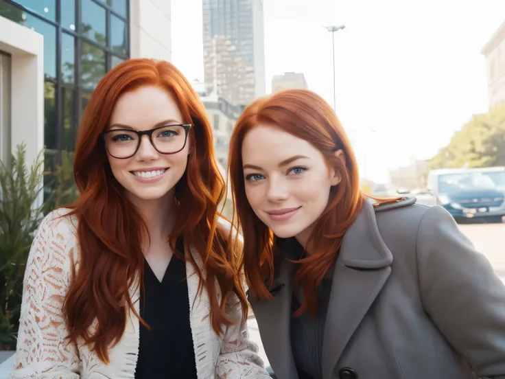 (Best quality, 8k, 32k, Masterpiece, UHD:1.2) "Create a delightful and vibrant artwork featuring a fiery redhead with freckles, sparkling bright green eyes, and black-framed glasses, posing and smiling beside the celebrity Emma Stone. Infuse the scene with...