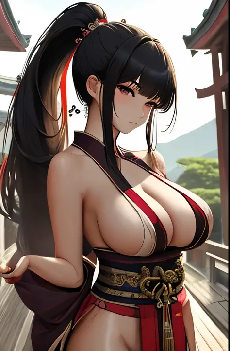 large ponytail, bangs, cheong-sam, silk, huge breasts, cleavage, sagging breasts, outside, temple, japan, (masterpiece), (best quality:1.2), absurdres, intricate details, (highly detailed skin:1.2),  