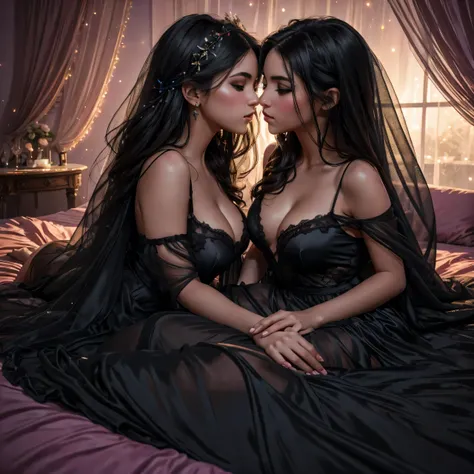 two girl kissing, see her ass,(bright lighting,romantic setting),dreamy background,,dark hair, mesmerizing gaze, , soft skin, alluring beauty, artistic portrait, high-quality image, vibrant colors,translucent black long silk gown, mosquito net, lying down,...