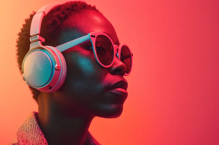 Detailed and realistic portrait of an african american woman wearing headphones and sunglasses, short hair, pop-culture-infused, candid celebrity shots, afro-caribbean influence, bright and bold, half profile photo, skin texture, soft natural lighting, 85m...