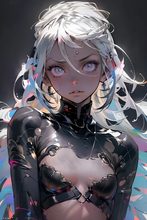 In the grunge-inspired, realistic anime concept sketch, an alien white-haired girl comes into view. Her long, asymmetrically braided hair is a stark contrast against the dimly lit background. The white strands are adorned with intricate beading and small, ...