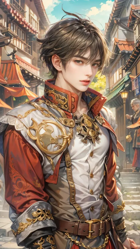 (absurdres, highres, ultra detailed, HDR), masterpiece, intricate details, best quality close-up picture of a character from Ragnarok Online, a character with handsome looks, korean face, obsidian hair, short hair, anime yellow eyes, matured teen, marquess...