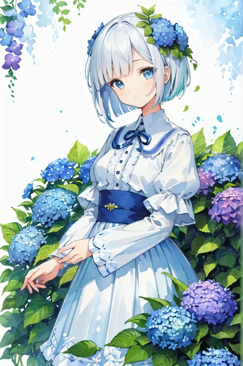 ((super detailed), #3b4195 background, beautiful flowers, blue hydrangea, ferns, leaves, watercolor pattern of calming colors), (watercolor texture), ((1 woman), white bob-cut hair, cute, blue eyes, happy, magical fantasy Scandinavian clothes