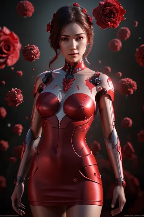 A Beautiful Humanoid with a rose in her hand, Red dress, surrounded by Beautiful particles, cinematic, 3d, Morning lighting, Beautiful, Humanoid, Cyborg, android