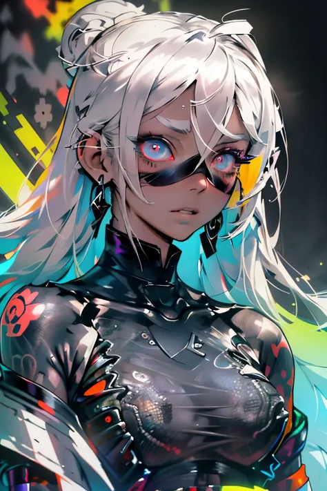 In the grunge-inspired, realistic anime concept sketch, there is an alien white-haired girl with expressive amber-transparent eyes that radiate an otherworldly glow. Her long, asymmetrically braided hair cascades down her shoulders, weaving intricately thr...