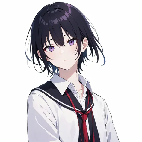 一个日本男子high school生，male，high school，black hair，purple eyes，Frontal photo，pure white background