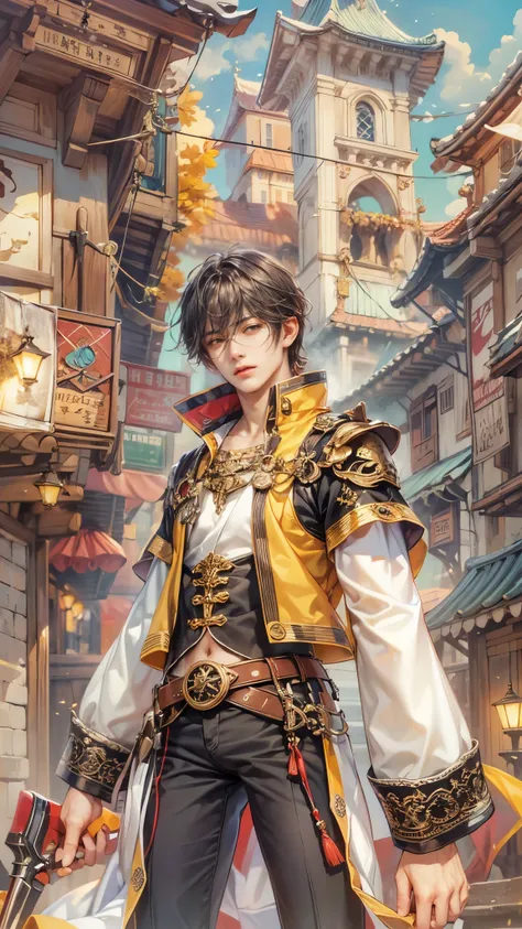 (absurdres, highres, ultra detailed, HDR), masterpiece, intricate details, best quality close-up picture of a character from Ragnarok Online, a character with handsome looks, korean face, obsidian hair, short hair, anime yellow eyes, matured teen, bishop o...