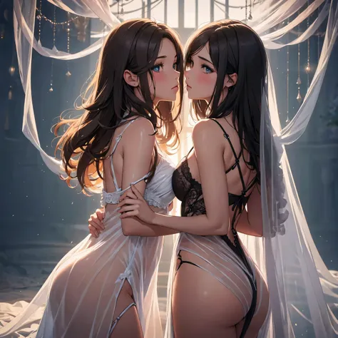 two girl kissing, see her ass,(bright lighting,romantic setting),dreamy background,bondage,dark hair, mesmerizing gaze, , soft skin, alluring beauty, artistic portrait, high-quality image, vibrant colors,translucent long silk gown, mosquito net,