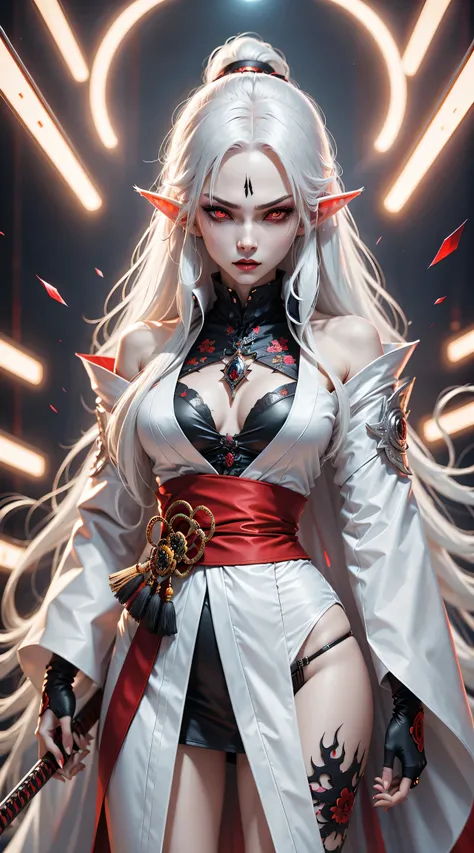 Photo of white-haired samurai wearing jacket standing in the middle of neon street , (Her katana glows in the dark). masterpiece, woman , Elf ears，cyberpunk characters , (Have a tattoo), post apocalyptic, super detailed, ready to fight, Serious expression,...