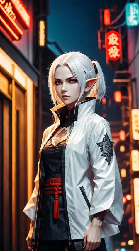 Photo of white-haired samurai wearing jacket standing in the middle of neon street , (Her katana glows in the dark). masterpiece, woman , Elf ears，cyberpunk characters , (Have a tattoo), post apocalyptic, super detailed, ready to fight, Serious expression,...