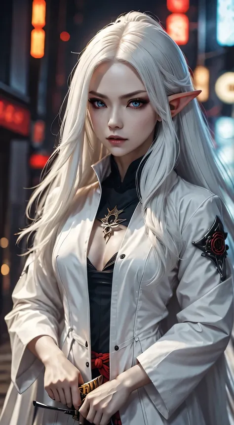 Photo of white-haired samurai wearing jacket standing in the middle of neon street , (She holds a glow-in-the-dark katana). masterpiece, woman , Elf ears，cyberpunk characters , (Have a tattoo), post apocalyptic, super detailed, ready to fight, Serious expr...