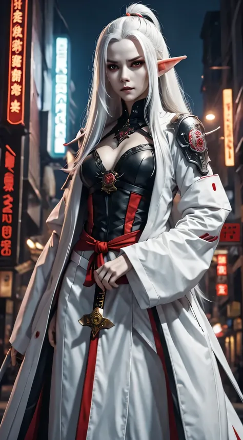 Photo of white-haired samurai wearing jacket standing in the middle of neon street , (She glows in the dark with her katana). masterpiece, woman , Elf ears，cyberpunk characters , (Have a tattoo), post apocalyptic, super detailed, ready to fight, Serious ex...