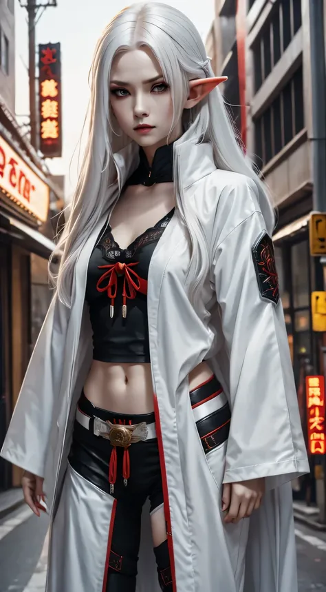 Photo of white-haired samurai wearing jacket standing in the middle of neon street , (she carries a katana). masterpiece, woman , Elf ears，cyberpunk characters , (Have a tattoo), post apocalyptic, super detailed, ready to fight, Serious expression, (super ...