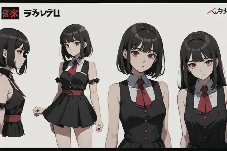 pose model sheet, black hair, red eyes, looking forward, best quality, masterpiece, anime girl, adult, dress black