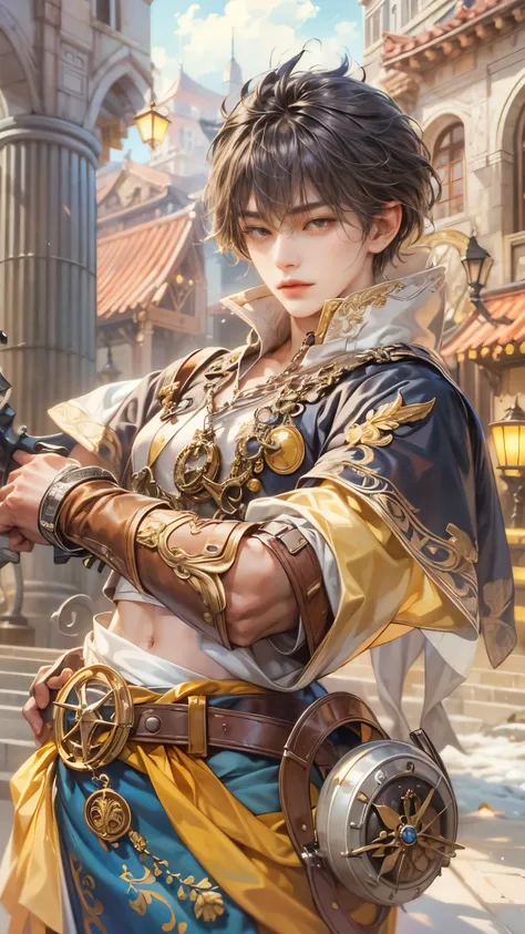 (absurdres, highres, ultra detailed, HDR), masterpiece, intricate details, best quality close-up picture of a character from Ragnarok Online, a character with handsome looks, korean face, obsidian hair, short hair, anime yellow eyes, matured teen, Cleric o...